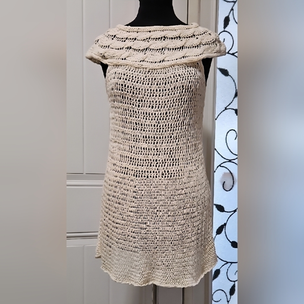 Pure Handknit Cream Crochet Knit Cotton Blend Mini Dress Size XS